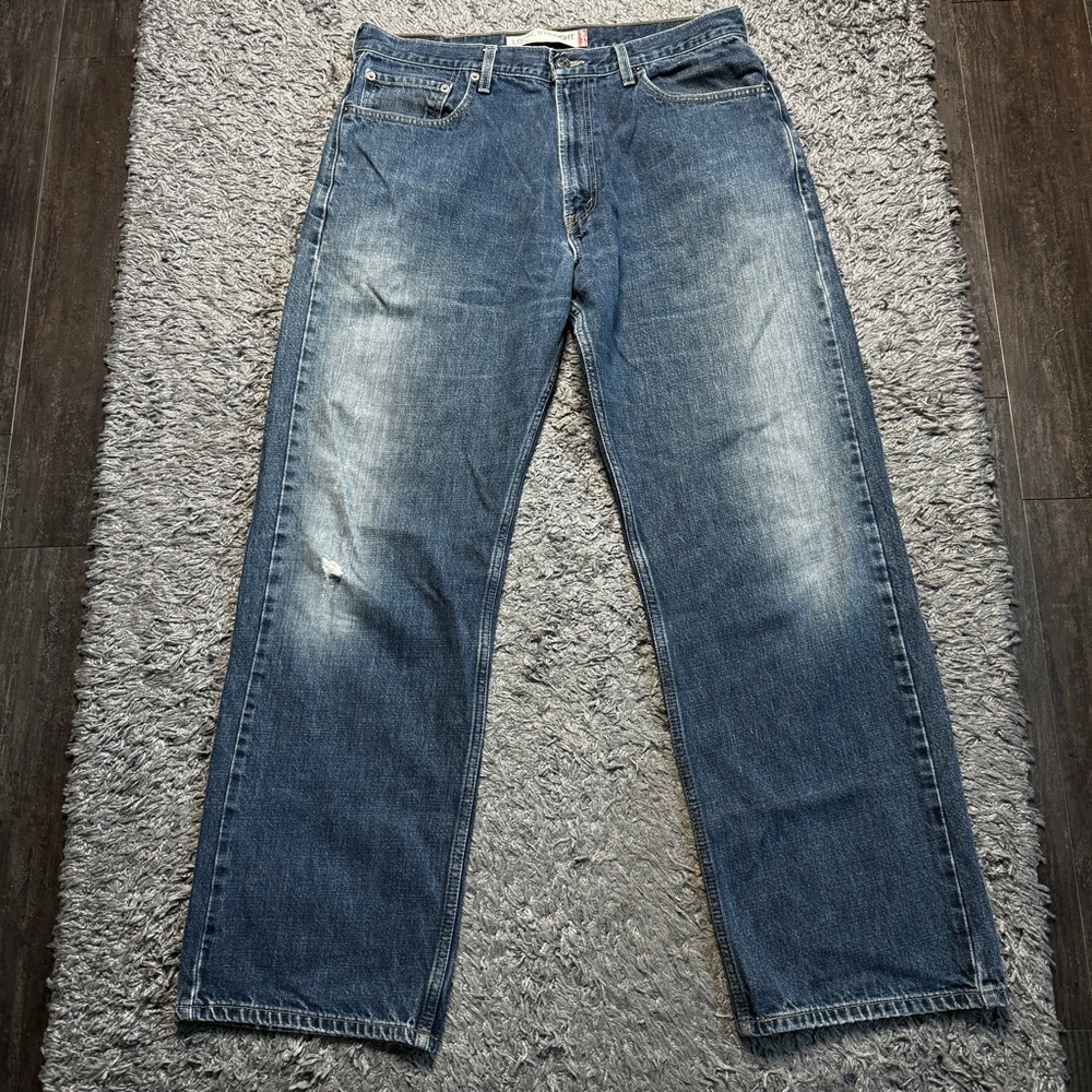 Levis 569 Jeans Mens 34x32 Blue Denim Loose Straight Distressed Logo